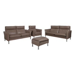 Brown Taupe Porto Leather Armchairs and Ottoman with Manual Function from Erpo, Set of 4 For Sale