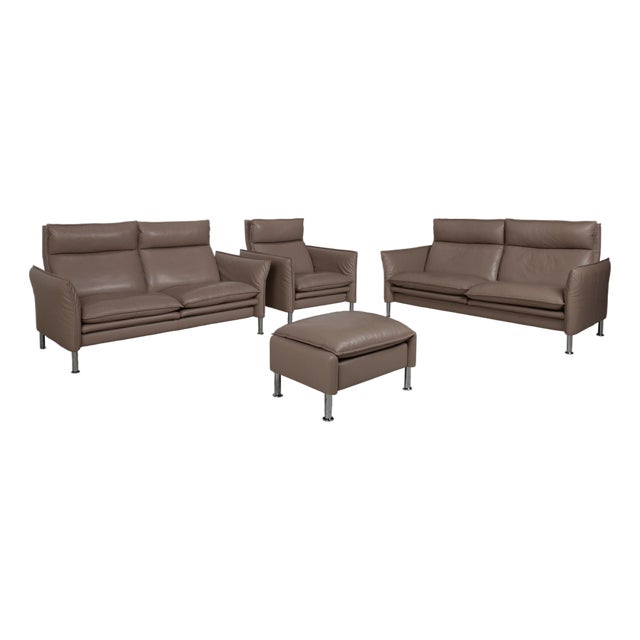 Brown Taupe Porto Leather Armchairs and Ottoman with Manual Function from Erpo, Set of 4 For Sale