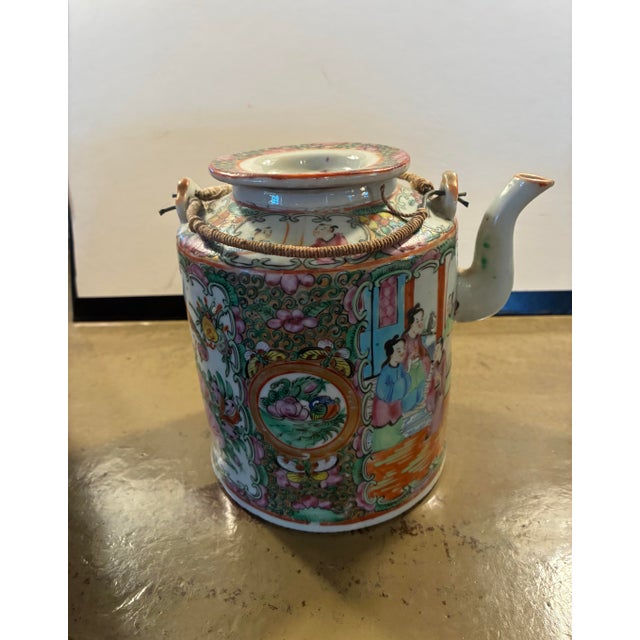 Antique Chinese Famille Rose Porcelain Teapot in Its Original Basket, 19th Century For Sale - Image 4 of 12