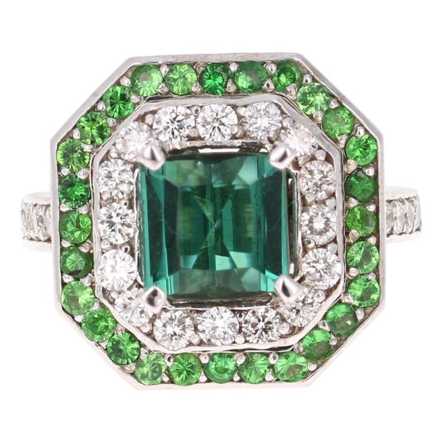 3.45 Carat Green Tourmaline Diamond 14 Karat White Gold Cocktail Ring, Size 7 For Sale