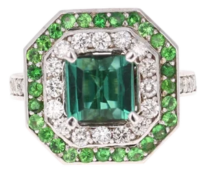3.45 Carat Green Tourmaline Diamond 14 Karat White Gold Cocktail Ring, Size 7