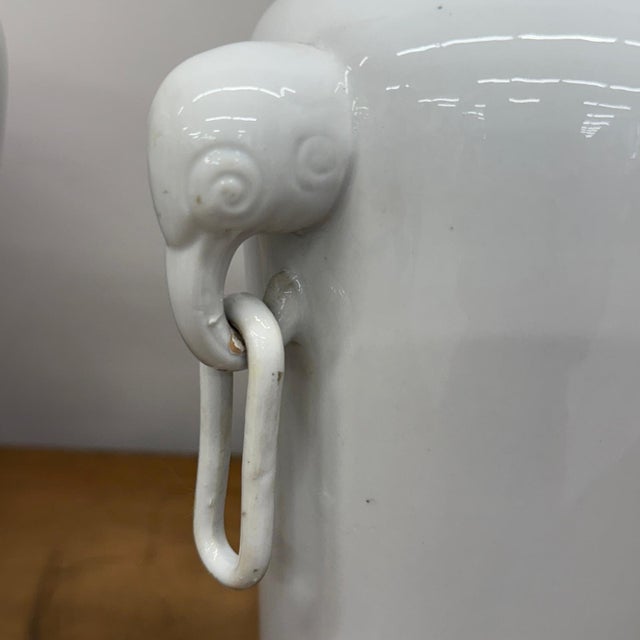 White Ceramic Vases with Elephant Head Handles - A Pair For Sale - Image 12 of 12