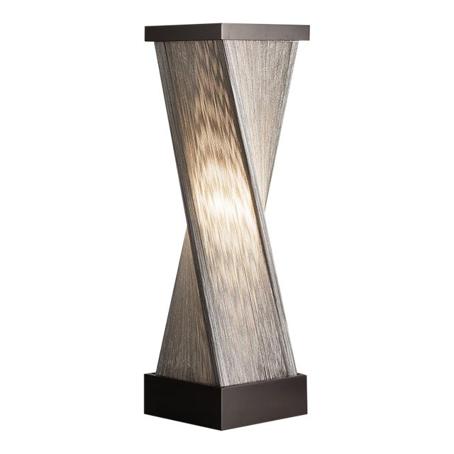 Torque Table Lamp - 24", Espresso Wood and Satin Nickel, Hand-Knotted Silvered Strings, Dimmer Switch For Sale