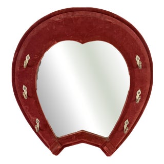 Red Velvet Horseshoe Wall Mirror, 1950s For Sale