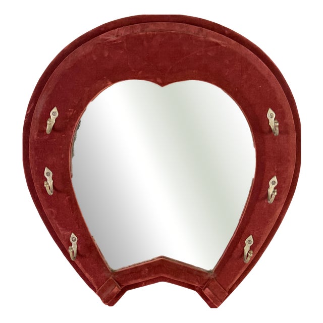 Red Velvet Horseshoe Wall Mirror, 1950s For Sale