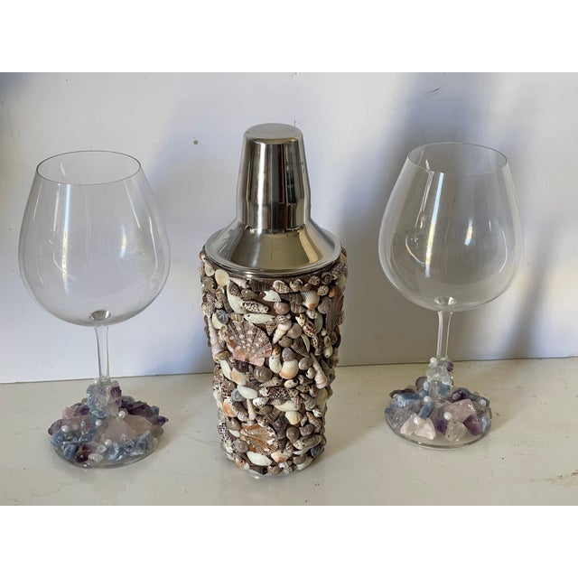 Coastal Mid-20th Century Cocktail Shaker With Shells and Pair Vine Glasses Encrusted For Sale - Image 3 of 5