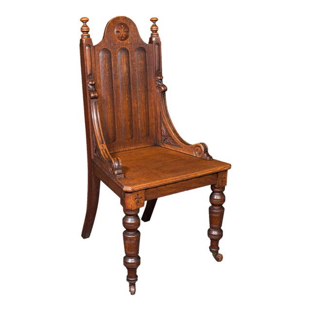 Antique Gothic Revival Hall Chair, Scottish Oak, Reception Seat, Victorian, 1870 For Sale