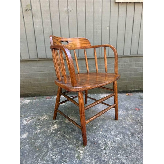 Pair of Arts and Crafts Firehouse Oak Windsor Pub Chairs For Sale In Washington DC - Image 6 of 17