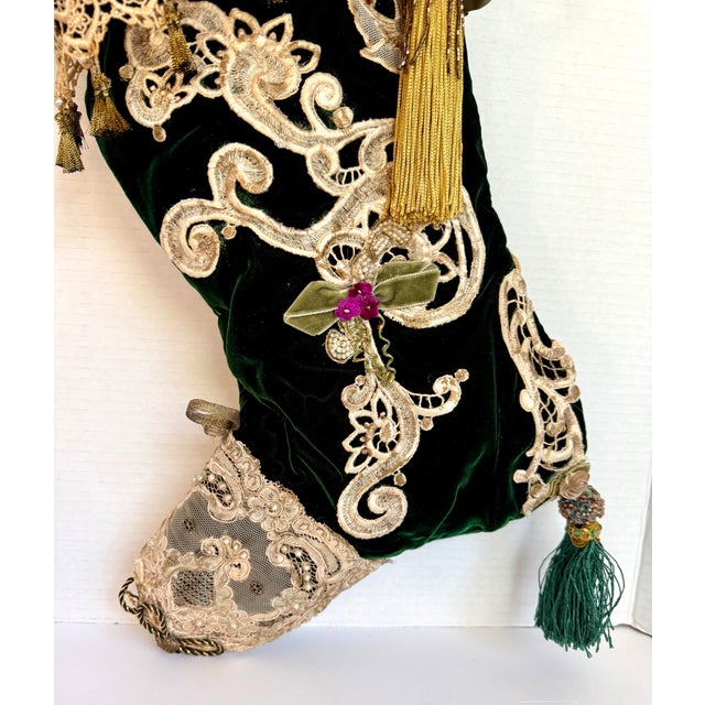Handmade Victorian Style Emerald Green Velvet Christmas Stocking With Cherub & Lace For Sale In Los Angeles - Image 6 of 13