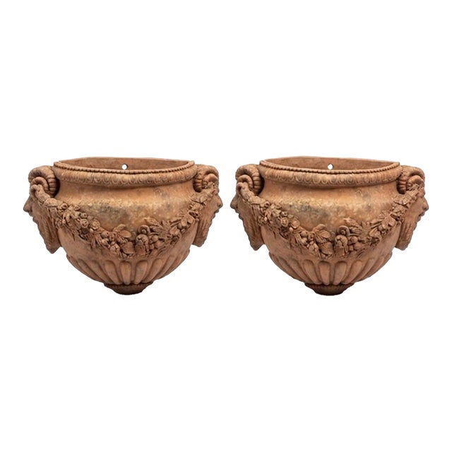 Vintage Italian-Style Terracotta Ram's Head Wall Pocket Planters For Sale