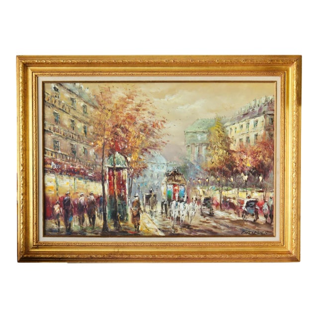 Early 1900s Roberte Chevalier Large City of Paris Oil Painting For Sale
