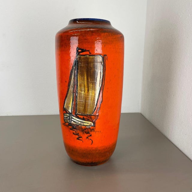 1970s Large Fat Lava Multi-Color Sailing Boats Floor Vase attributed to Scheurich, 1970s For Sale - Image 5 of 18