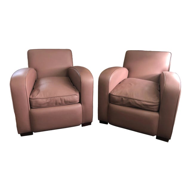 Pair of Modern Art Deco Style Leather Club Armchairs For Sale