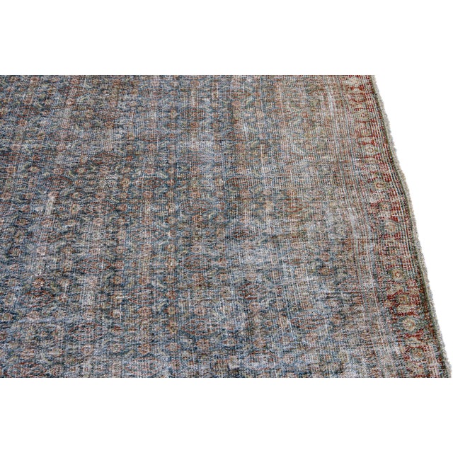 Antique Malayer Handmade Allover Floral Pattern Blue Wool Runner For Sale - Image 4 of 9