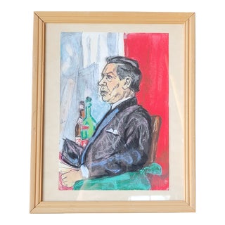Framed Mixed Media Portrait Drawing "Man at the Bar" Signed Dated 1968 For Sale