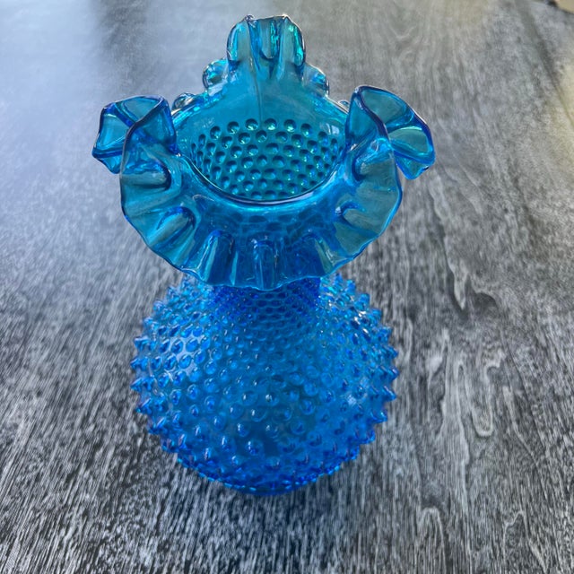 Fenton Art Glass Company Vintage Fenton Colonial Blue Hobnail Vase Ruffled Glass Vase – Mid-Century Collectible For Sale - Image 4 of 8