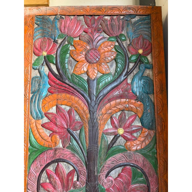 Mid-Century Modern Vintage Hand-Carved Indian Wood Panel Barn Door | Tree of Life, Elephant, Peacock & Lotus84x36 For Sale - Image 3 of 5