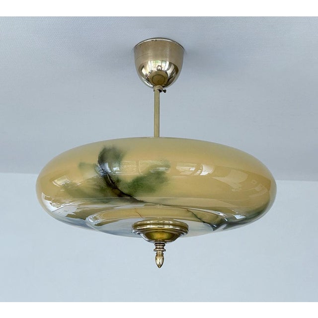 Modern Art Deco Pendant Light in Amber Green Marble Glass, 1930s For Sale - Image 3 of 18