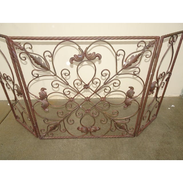 Vintage Three Panel Brown Metal Fireplace Screen Scrolls & Flourishes For Sale - Image 4 of 12