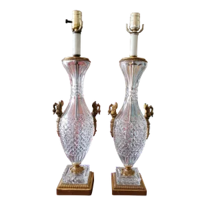 Antique 1910s Baccarat Style Crystal Bronze Swan Lamps Pair