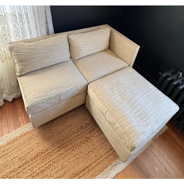 Champagne Petite Even Arm Occasional Sofa With Ottoman For Sale - Image 8 of 12