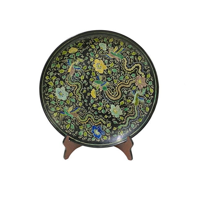 Vintage Chinese Black Base Mixed Color Phoenix Graphic Porcelain Plate Display For Sale - Image 9 of 9