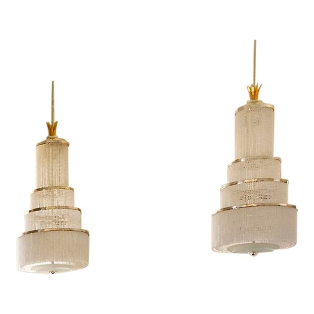1920s Monumental Art Deco–Style Crystal Chandeliers by Delisle (Paris) - a Pair} For Sale