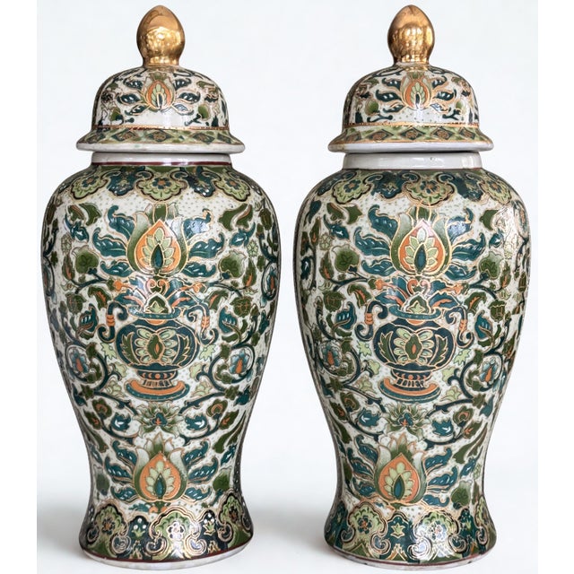Chinoiserie Mid-Century Aegean Blue & Green Chinoiserie Ginger Jars - A Pair For Sale - Image 3 of 16