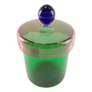 Handmade Green, Pink and Blue Glass Lidded Jar by Erik Höglund for Nordiska Kompaniet, 1992 For Sale