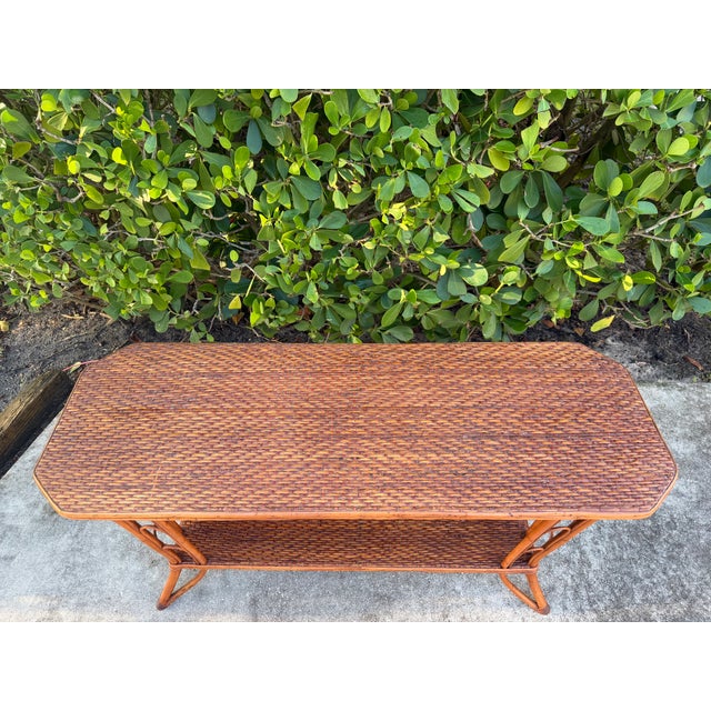 Vintage Palm Beach Handwoven Natural Rattan Console Table For Sale - Image 13 of 15