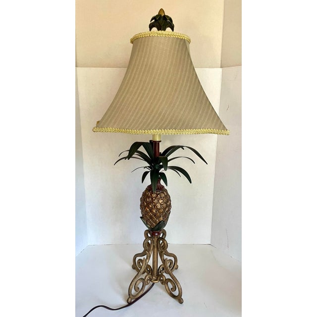 Gold Vintage Tole Metal Figurative Pineapple Lamp With Shade For Sale - Image 8 of 12