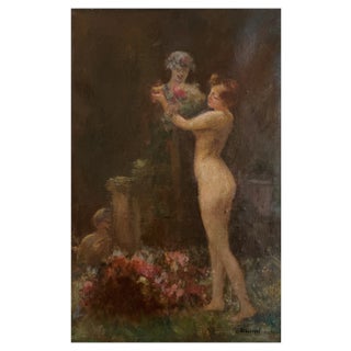 Albert Cresswell, Nymphe de dos avec statue et angelot, Oil on Canvas For Sale