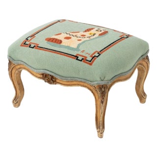 Signed Spaniel Motif Needlepoint Footstool, 1974 For Sale