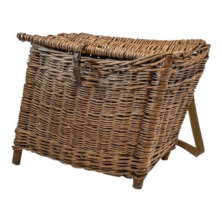 Large Vintage Fishing Creel Wicker Basket With Leather Strap For Sale