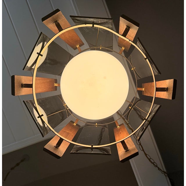 Mid-Century Modern Mid 20th Century Danish Modern Teak Wood Smoked Acrylic Panel Swag Pendant Lamp For Sale - Image 3 of 5