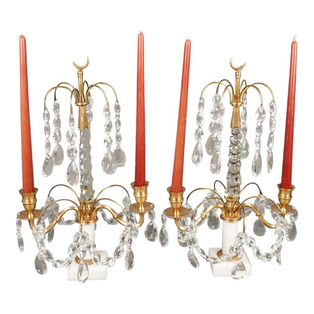 Pair of Crystal and Brass Two Light Candle Table Sconces on Marble Plinth For Sale