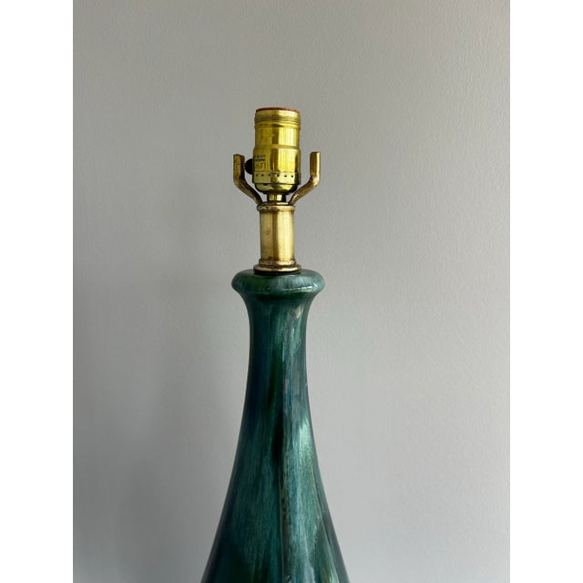1960s 1960s Large Mid-Century Modern Drip Glaze Ceramic Table Lamp Green & Blue, Brass Base For Sale - Image 5 of 11