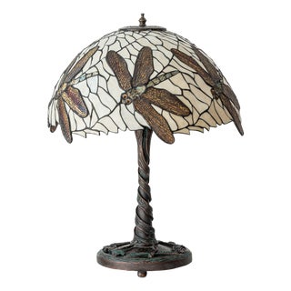 Vintage Art Nouveau Dragonfly Leaded Glass Table Lamp with Bronze Base in the style of Tiffany For Sale