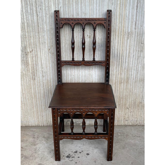 Early 20th Set of Four Spanish Carved Chairs with Wood Seat For Sale - Image 17 of 18