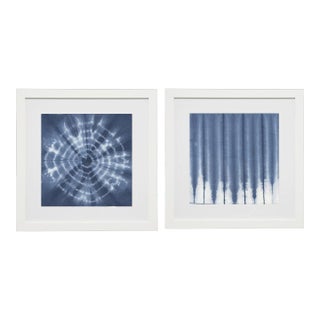 Shibori Indigo Prints III & IV Matted in White Frame - 25" x 25", Set of 2 For Sale