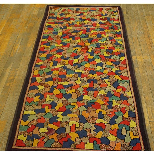 Antique American hooked rug. Size: 2'10" x 6'6". Small Scatter Size Wool American Hooked 1930s Antique Rug, Country of...