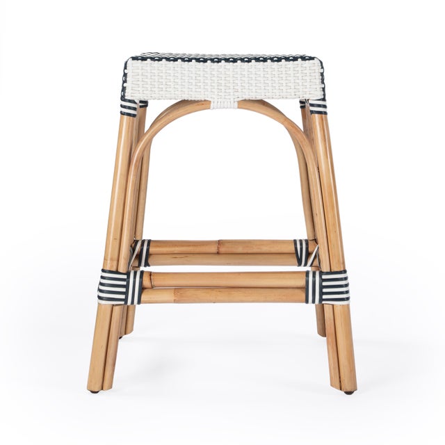 2020s Robias 24.5 in. Seat Height Rectangular Rattan Backless Counter Stool with Footrest, White/Navy Stripe/ Natural Rattan Frame For Sale - Image 5 of 9