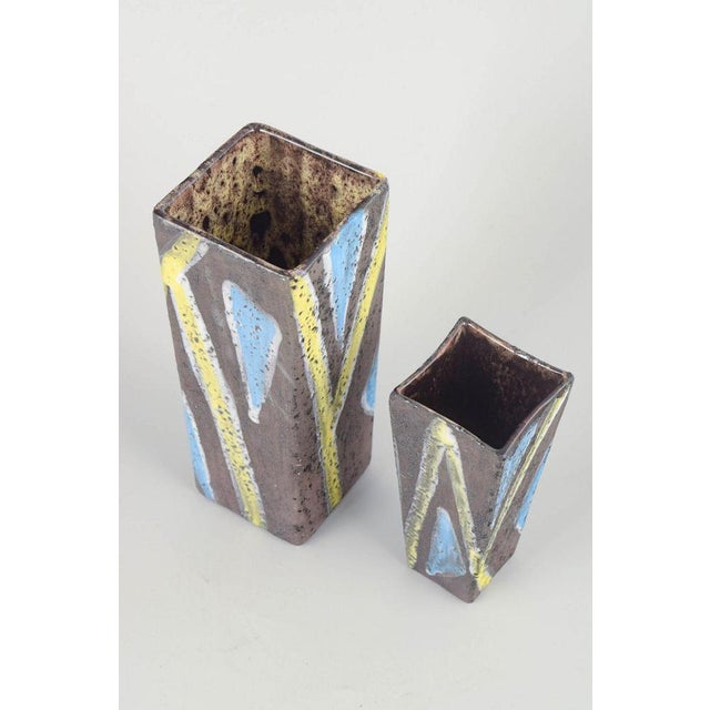 Guido gambone, italy. Two handmade studio vases, 1960s. Pair of unique rectangular ceramic vases with bold graphic hand-...