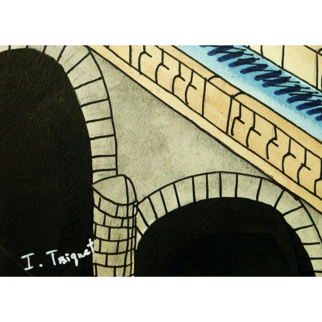 Bright abstract ink drawing of cityscape by French artist Isabelle Troquet, circa 1985. Signed lower left. Original...