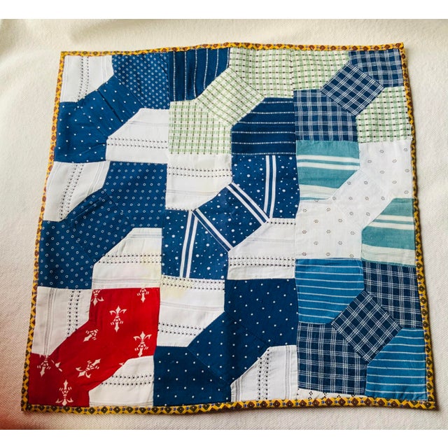 Handmade Americana Bow Tie Quilt Mat - Vintage Men's Shirting Fabrics For Sale - Image 6 of 15