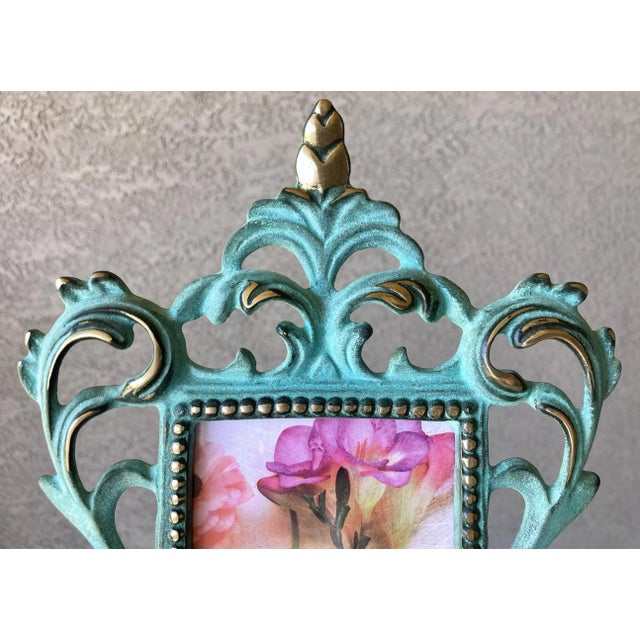 Verdigris Circa 1980 Baroque-Style Verdigris & Gilt Acanthus Leaf Cast Iron Easel Back Picture Frame For Sale - Image 8 of 12