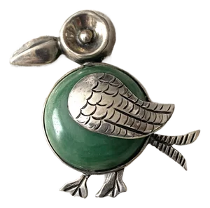 1960s Vintage Taxco Mexico Silver Toucan Brooch Green Stone