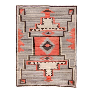 Contemporary Navajo Design Kilim Geometric Salmon Gray Low Pile Handwoven Wool Rug - 4’8” X 6’2” For Sale