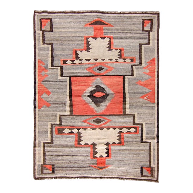 Contemporary Navajo Design Kilim Geometric Salmon Gray Low Pile Handwoven Wool Rug - 4’8” X 6’2” For Sale