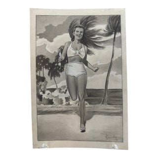 1940s Original Signed Graphite Illustration of Woman Running on Tropical Beach, 10½ × 7¼ " For Sale
